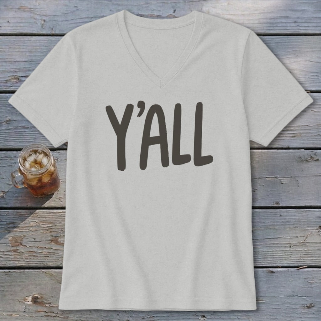 Light grey v-neck t-shirt with "Y'ALL" in dark grey text.