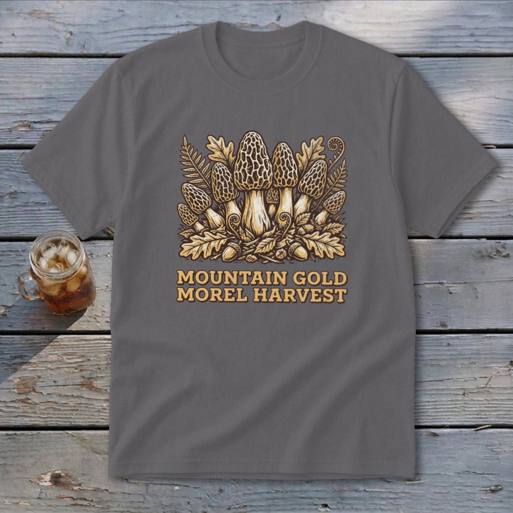 Gray t-shirt with "Mountain Gold Morel Harvest" text and morel mushrooms graphic.