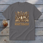 Gray t-shirt with "Mountain Gold Morel Harvest" text and morel mushrooms graphic.