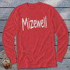 Red long-sleeve shirt with "Mizewell" printed in white on the chest.