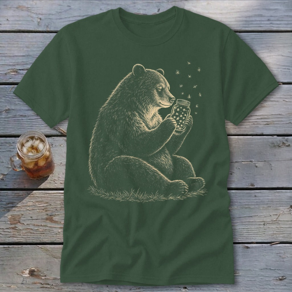 Bear holding a jar of stars with dandelion seeds floating around it.