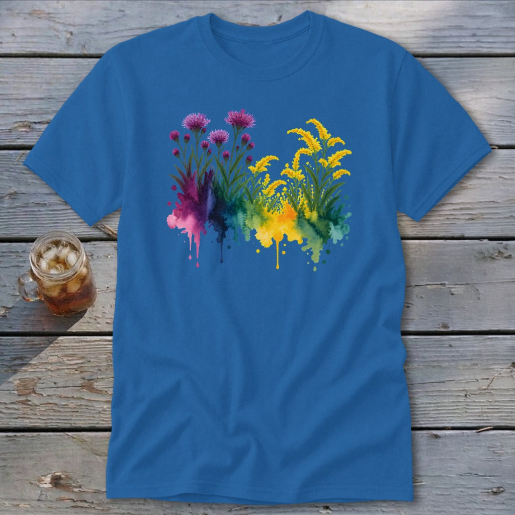 Blue t-shirt with watercolor floral design in purple and yellow.