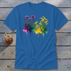Blue t-shirt with watercolor floral design in purple and yellow.