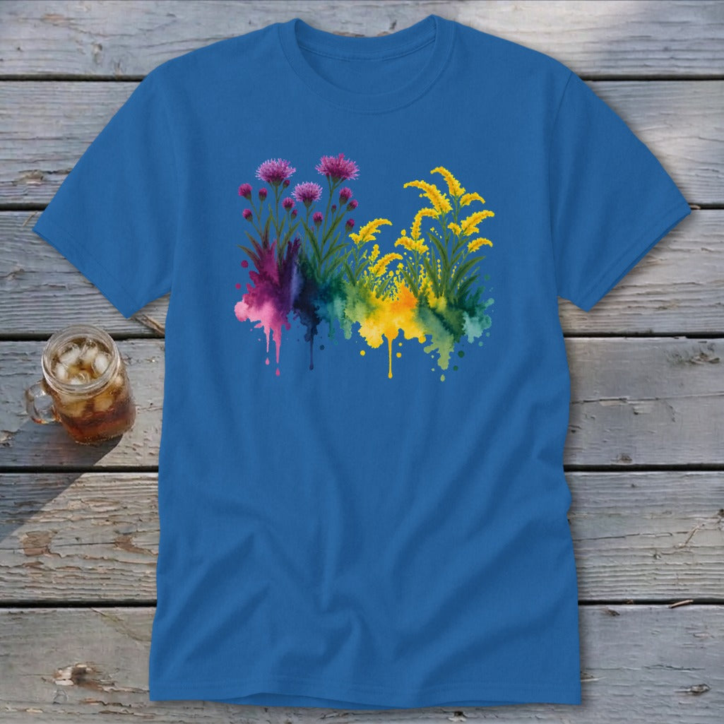 Blue t-shirt with watercolor floral design in purple and yellow.