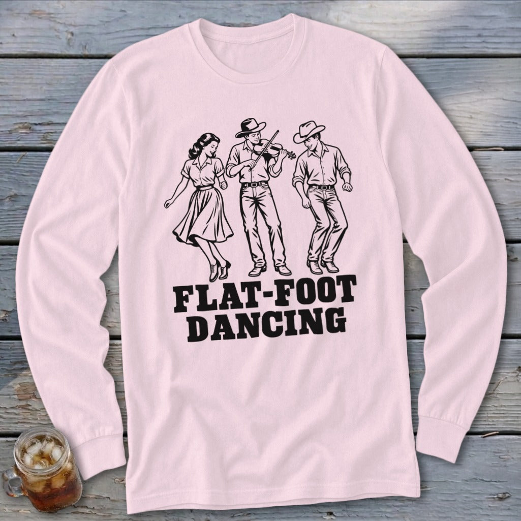 Line art of three figures dancing with "FLAT-FOOT DANCING" text.