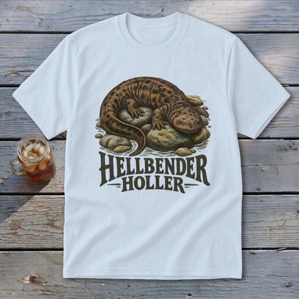 White t-shirt with a detailed illustration of a hellbender salamander on rocks and text.