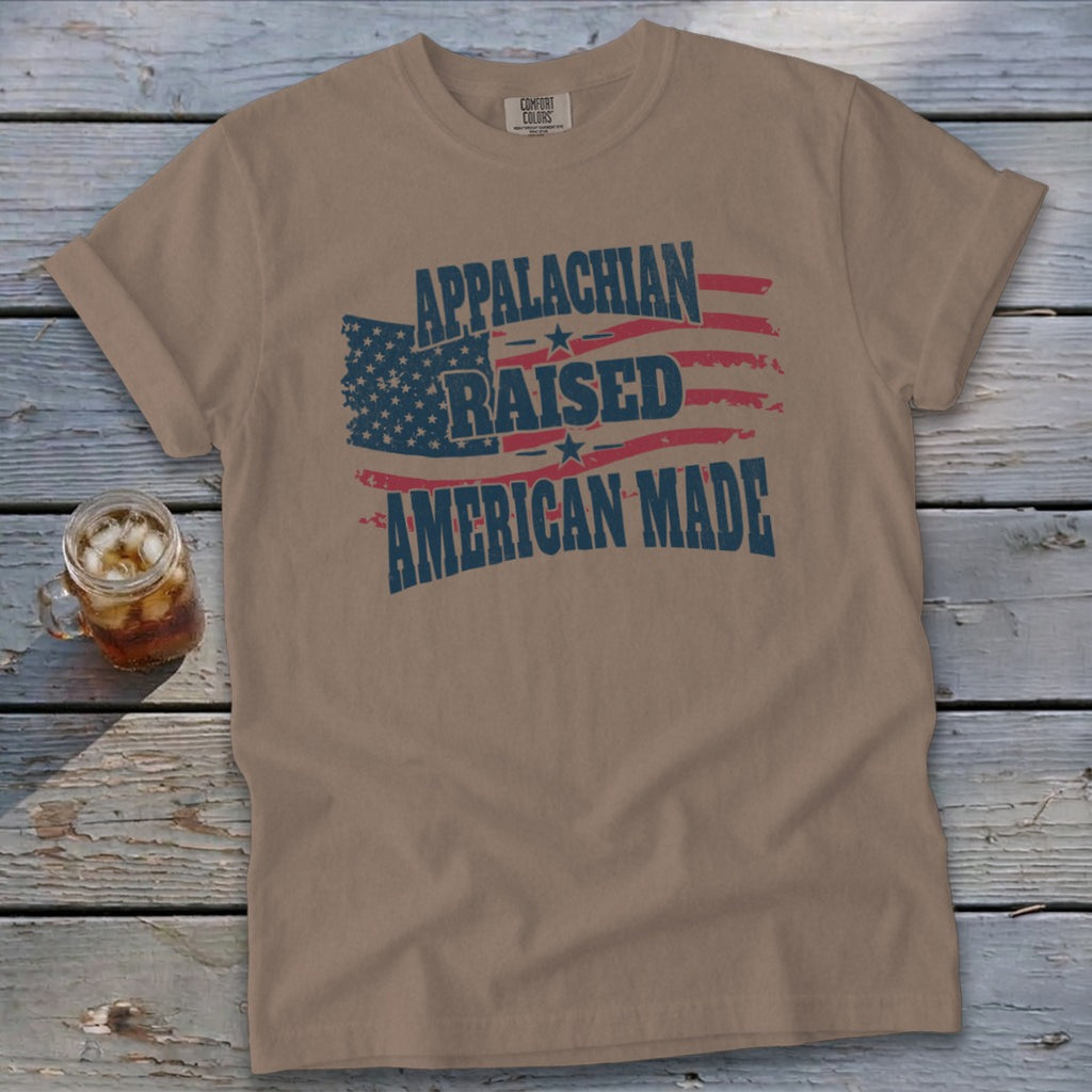 Brown t-shirt with "Appalachian Raised American Made" and American flag graphic.
