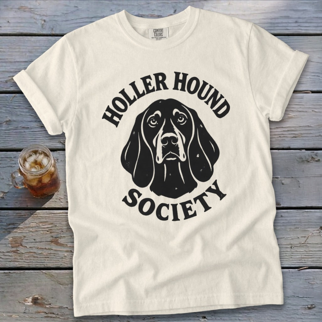 Cream t-shirt with black "Holler Hound Society" text and dog graphic.