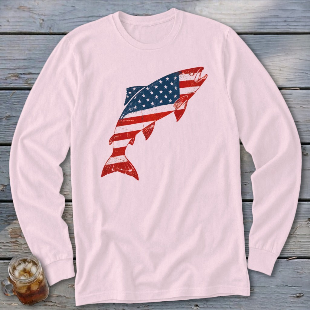 Light pink long-sleeve t-shirt with a distressed graphic of a leaping fish patterned like the American flag.
