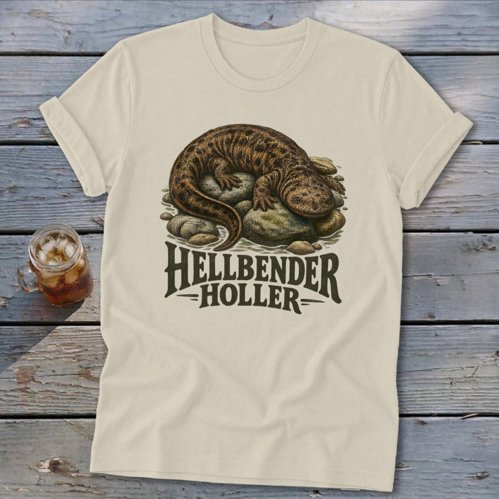 Cream t-shirt with a hellbender graphic and text "HELLBENDER HOLLER".