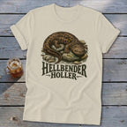 Cream t-shirt with a hellbender graphic and text "HELLBENDER HOLLER".