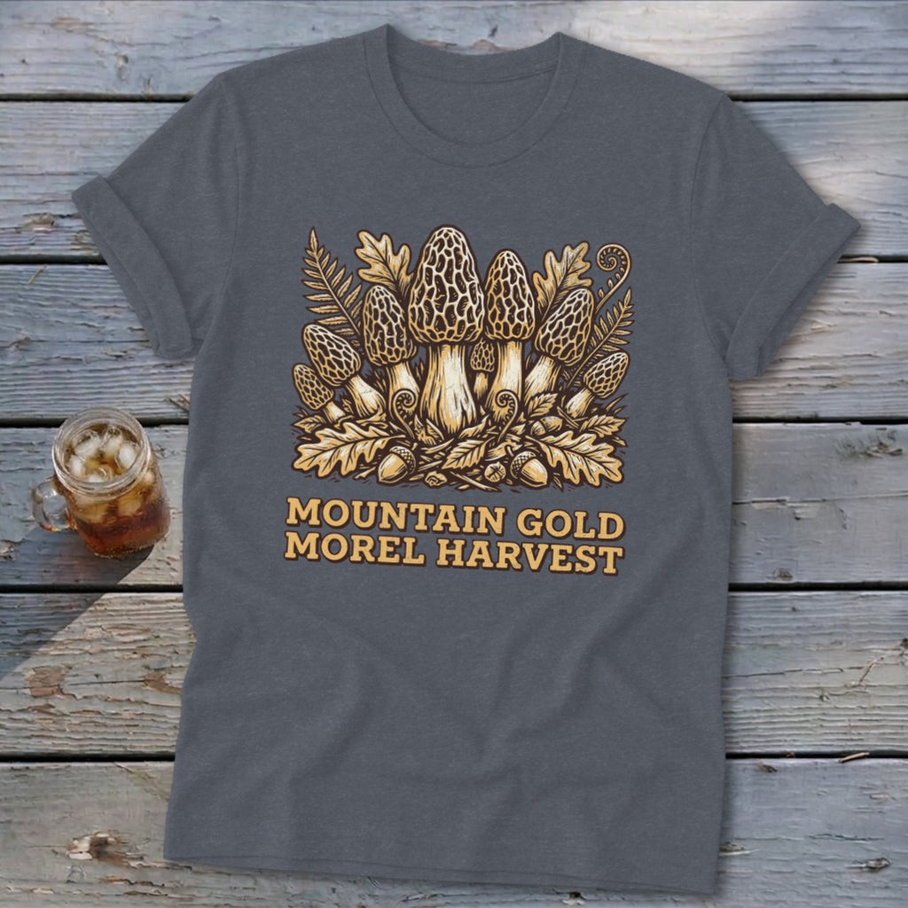 Morel mushroom graphic with text "Mountain Gold Morel Harvest" on a gray t-shirt.