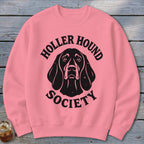 Pink sweatshirt with black "Holler Hound Society" text and dog graphic.