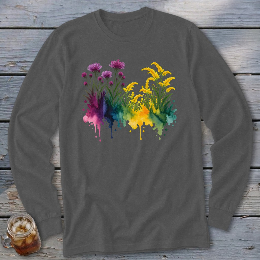 Dark gray long sleeve shirt with colorful floral watercolor design.