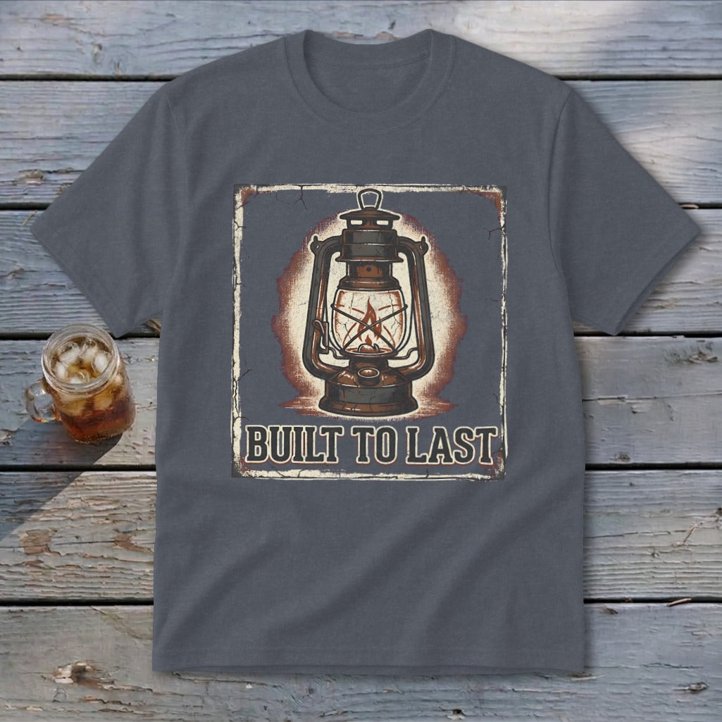 Gray t-shirt with a vintage lantern graphic and text that reads "Built to Last".
