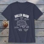 Navy t-shirt with "Holler Brain" text and brain diagram with humorous labels.