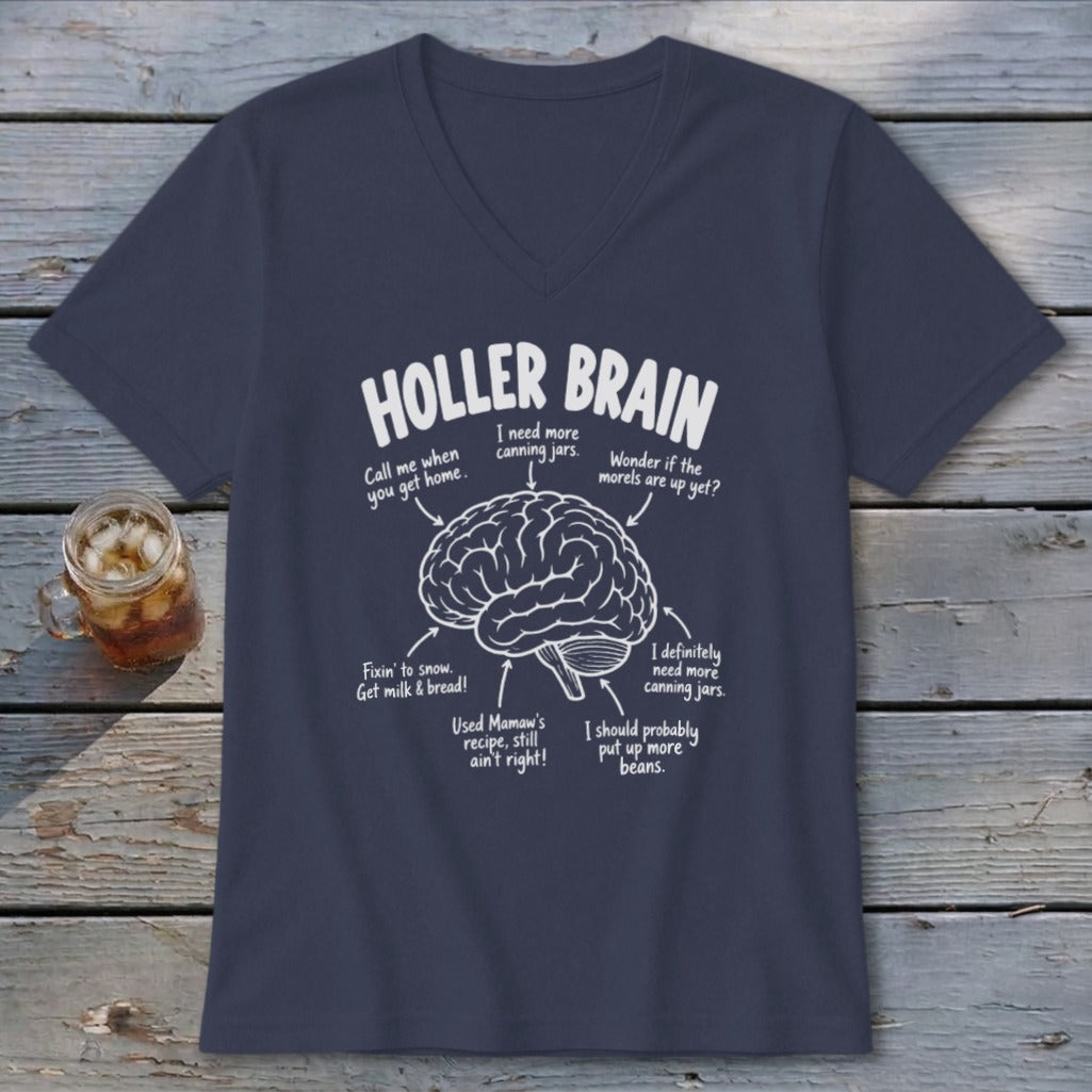 Navy t-shirt with "Holler Brain" text and brain diagram with humorous labels.