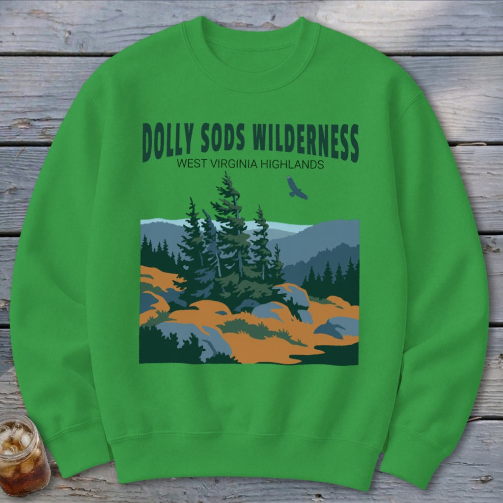 Bright green crewneck sweatshirt featuring a graphic of Dolly Sods Wilderness with evergreen trees and a soaring bird.