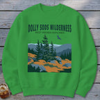 Bright green crewneck sweatshirt featuring a graphic of Dolly Sods Wilderness with evergreen trees and a soaring bird.