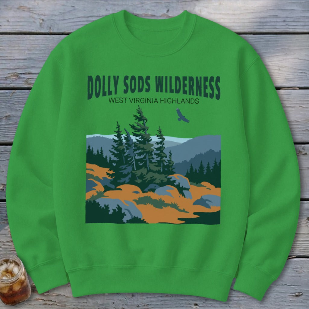 Bright green crewneck sweatshirt featuring a graphic of Dolly Sods Wilderness with evergreen trees and a soaring bird.