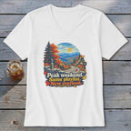 White t-shirt with autumn mountain overlook graphic and text.