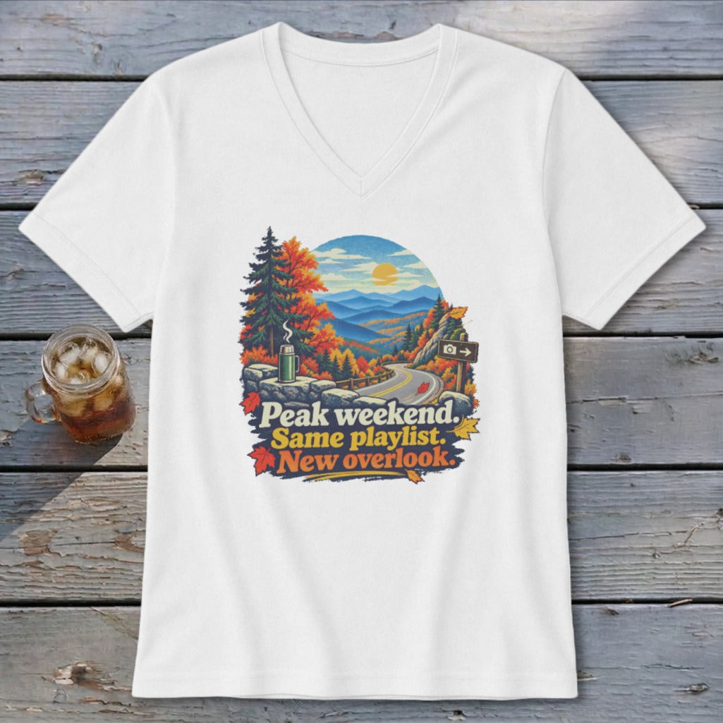 White t-shirt with autumn mountain overlook graphic and text.