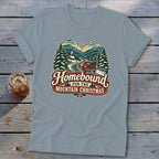T-shirt with "Homebound for the Mountain Christmas" graphic featuring a red truck and snowy mountains.
