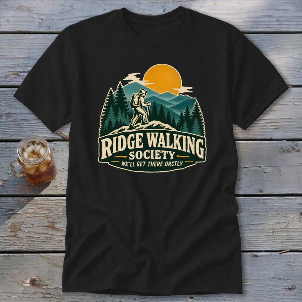 Black t-shirt with "Ridge Walking Society" design featuring a hiker and mountain landscape.