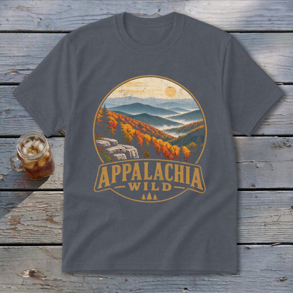 Gray t-shirt with "Appalachia Wild" text and mountain landscape graphic.