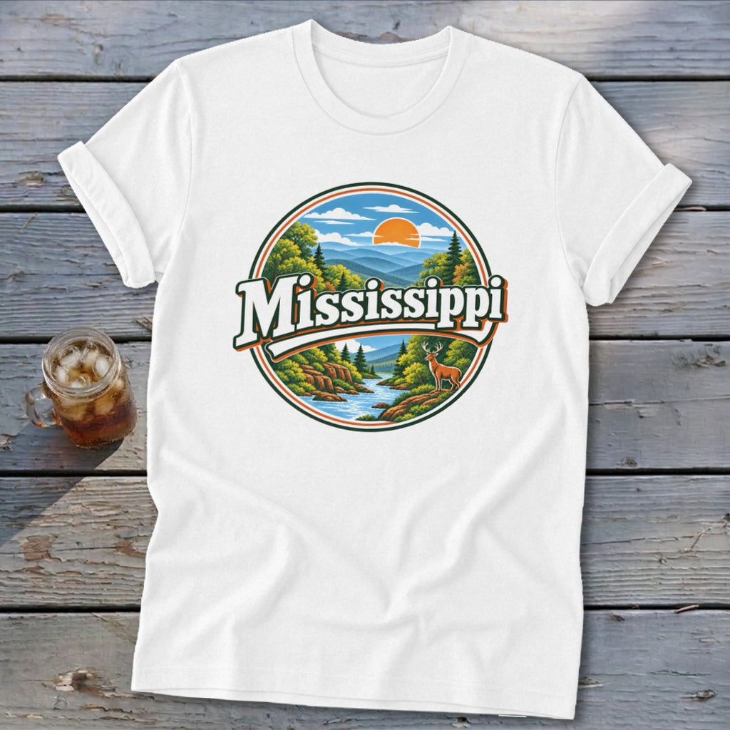 White t-shirt with circular graphic of Mississippi landscape, river, and deer.