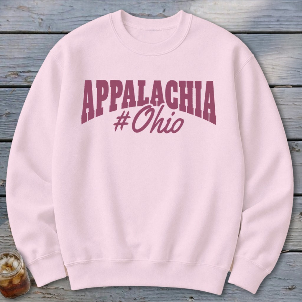 Light pink sweatshirt with "APPALACHIA #Ohio" text in maroon.