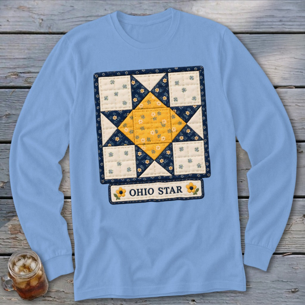Light blue long sleeve shirt with an Ohio Star quilt design and "Ohio Star" text.