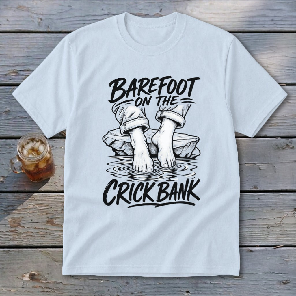 T-shirt graphic: Barefoot on the Crick Bank with feet in water.