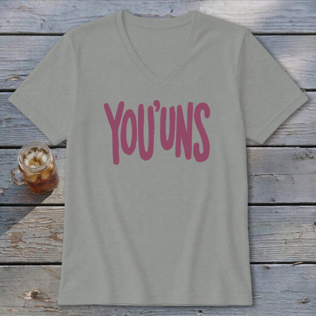 Grey v-neck t-shirt with pink "YOU'UNS" text and a glass of iced tea.