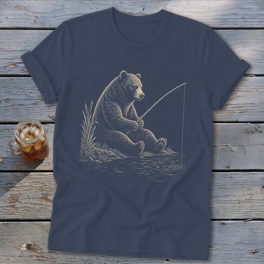 Bear fishing on a riverbank with reeds and a fishing pole.