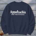 Navy sweatshirt with white "Appalachia" text and mountain graphic, and "Older Than the Rockies" below.