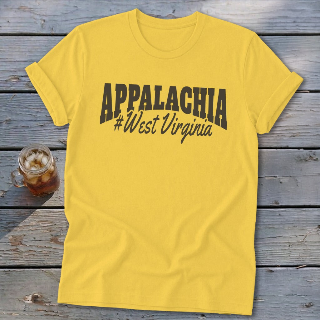 Yellow t-shirt with "APPALACHIA #West Virginia" text and a glass of iced drink.