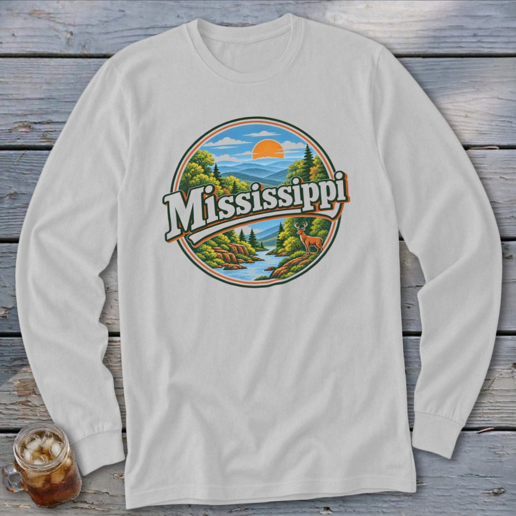 White long-sleeved shirt with circular graphic featuring "Mississippi" and a forest landscape.