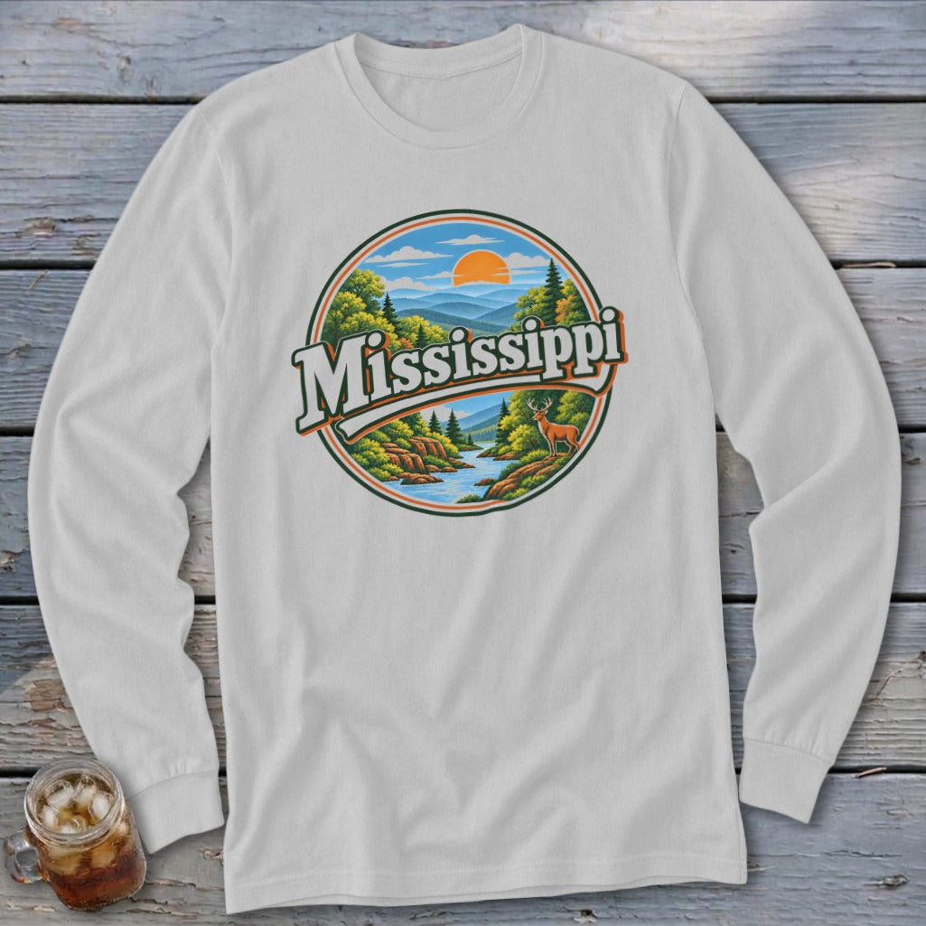 White long-sleeved shirt with circular graphic featuring "Mississippi" and a forest landscape.