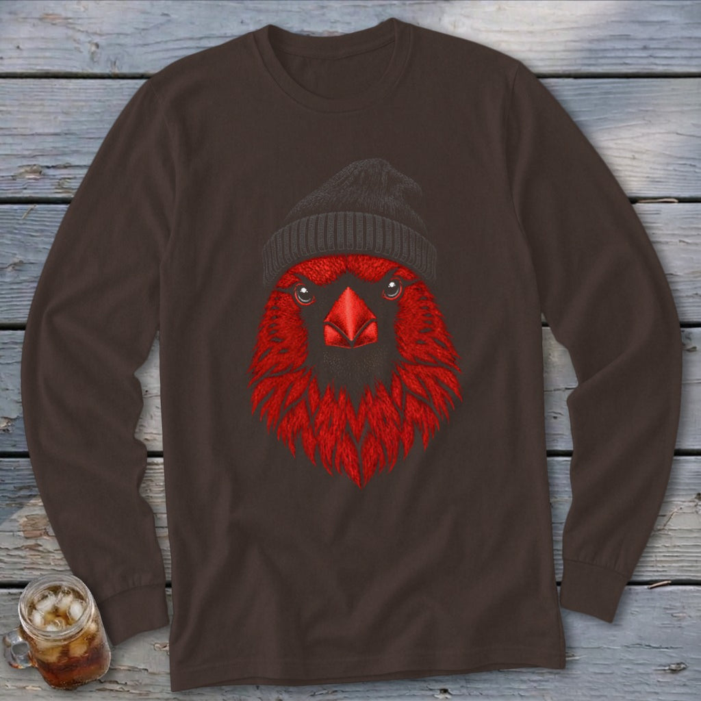 Brown long-sleeve shirt with a graphic of a red cardinal wearing a black beanie.