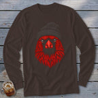 Brown long-sleeve shirt with a graphic of a red cardinal wearing a black beanie.