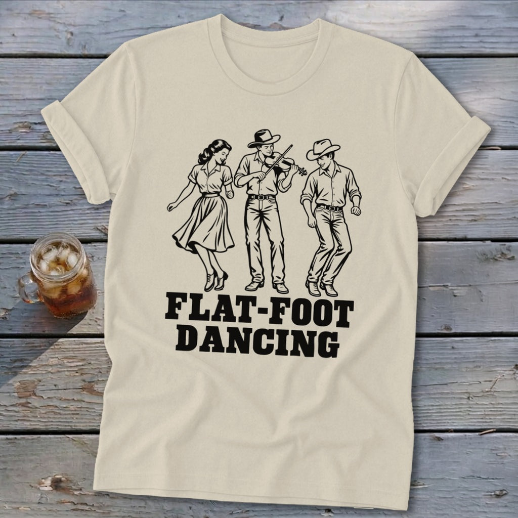 T-shirt with three figures dancing and the text "FLAT-FOOT DANCING".