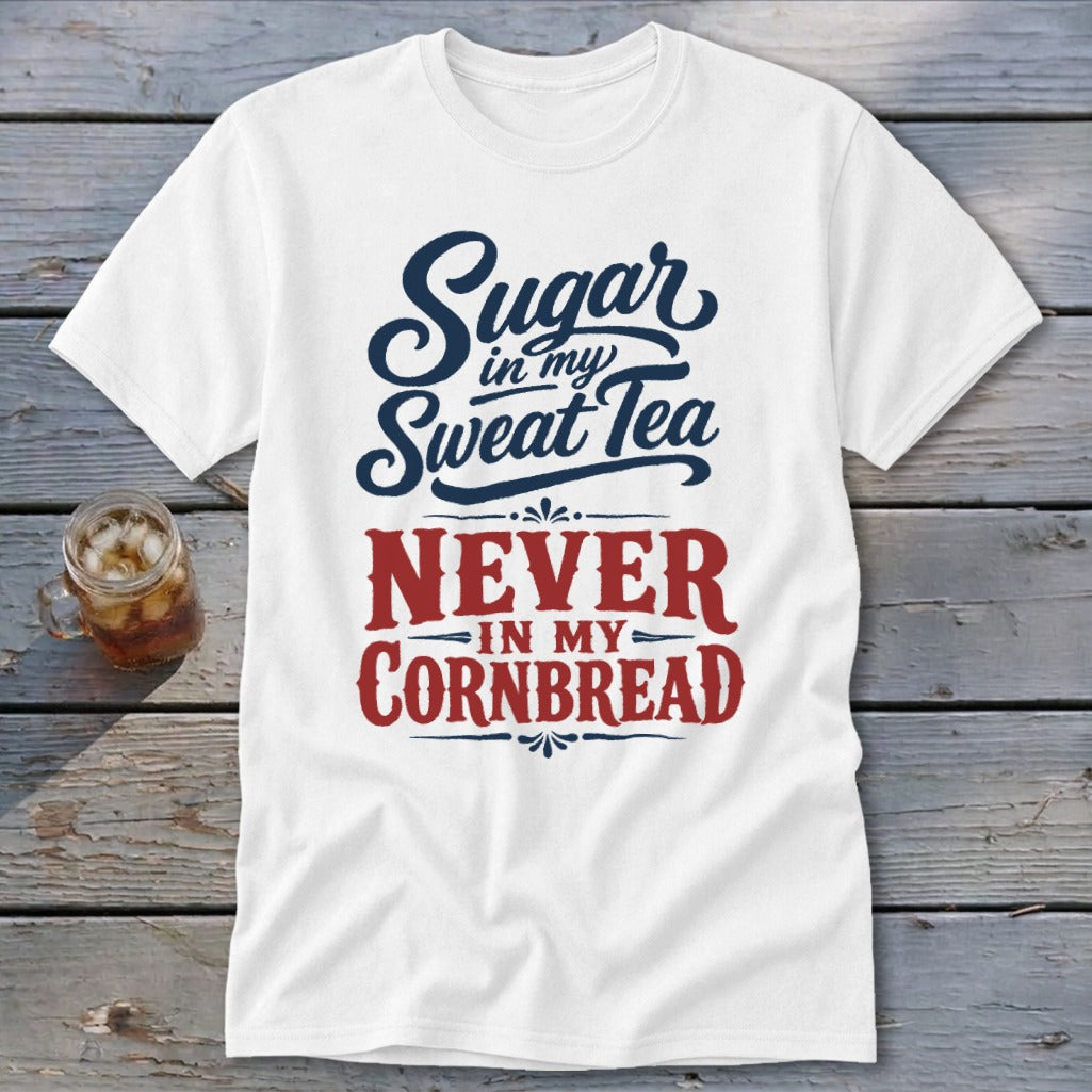 A white t-shirt featuring blue and red text that reads Sugar in my Sweat Tea NEVER IN MY CORNBREAD, laid on a wooden surface with a glass of iced tea nearby.