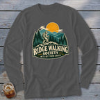 Long sleeve shirt with "Ridge Walking Society" graphic featuring a hiker and mountains.