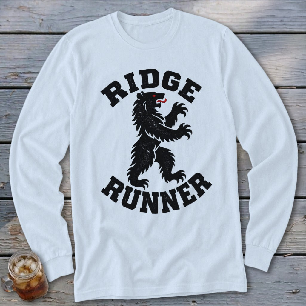 White long-sleeve shirt with black bear graphic and text "RIDGE RUNNER".