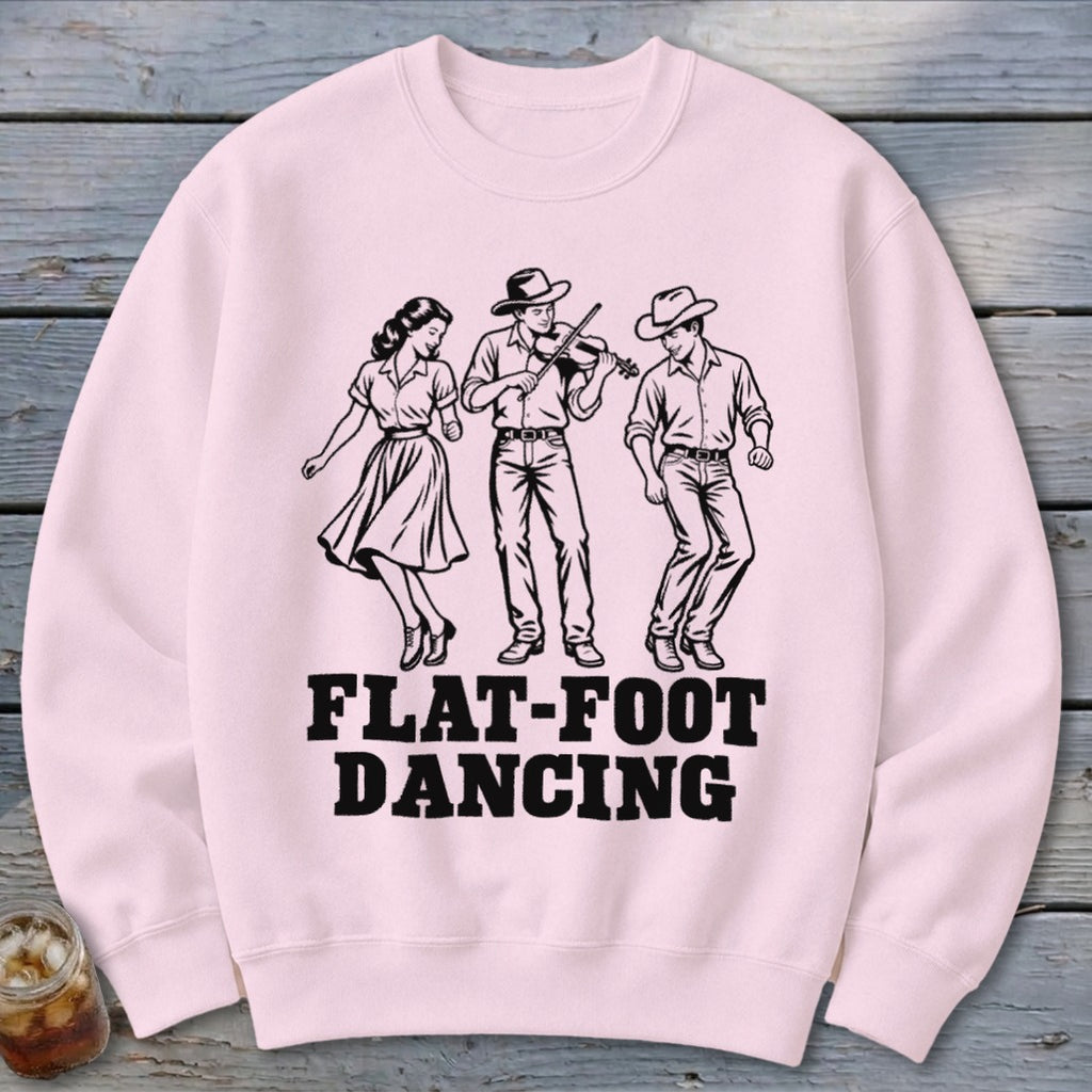 Black illustration of three people dancing with "FLAT-FOOT DANCING" text on a pink shirt.
