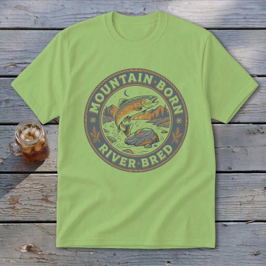 Light green t-shirt with circular "Mountain Born River Bred" fishing graphic.