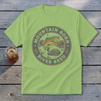 Light green t-shirt with circular "Mountain Born River Bred" fishing graphic.