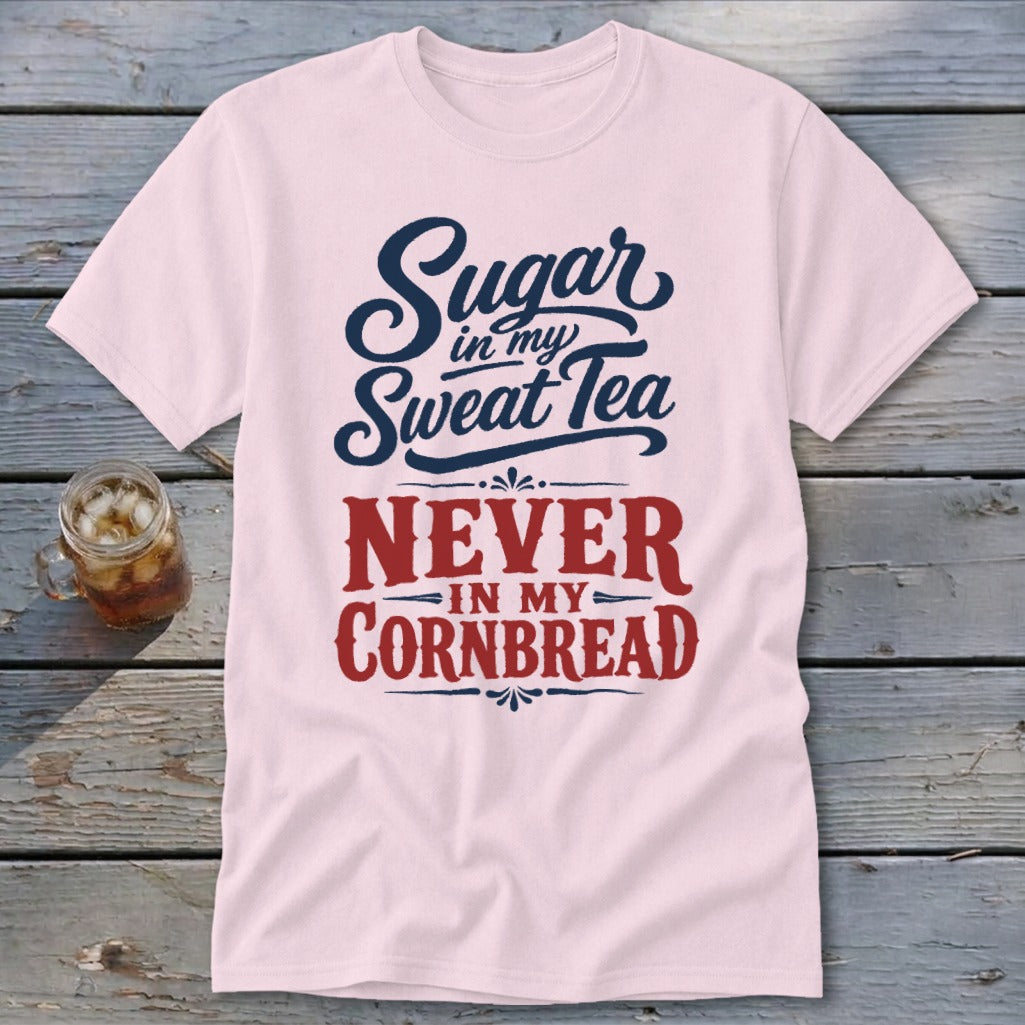 Light pink t-shirt featuring blue and red text that reads Sugar in my Sweat Tea Never in my Cornbread laid on a wooden table.