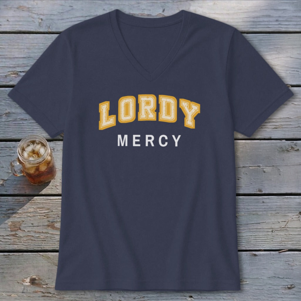 Navy v-neck t-shirt with yellow "LORDY" and white "MERCY" text.
